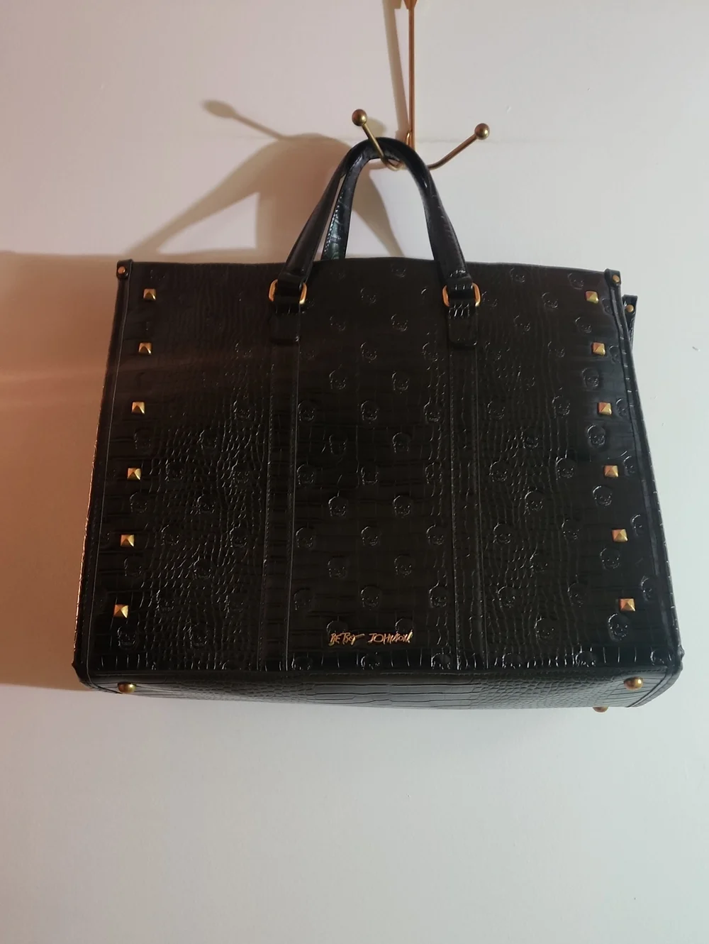 Betsy Johnson Black Croc Embossed With Skull/Gold Studs  XOMattie Tote Bag